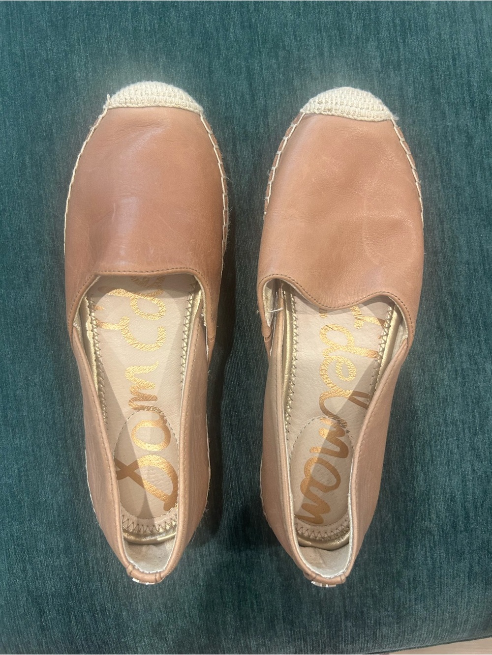 Sam Edelman Tan Leather Espadrille Slip-Ons with Cream Woven Toe
